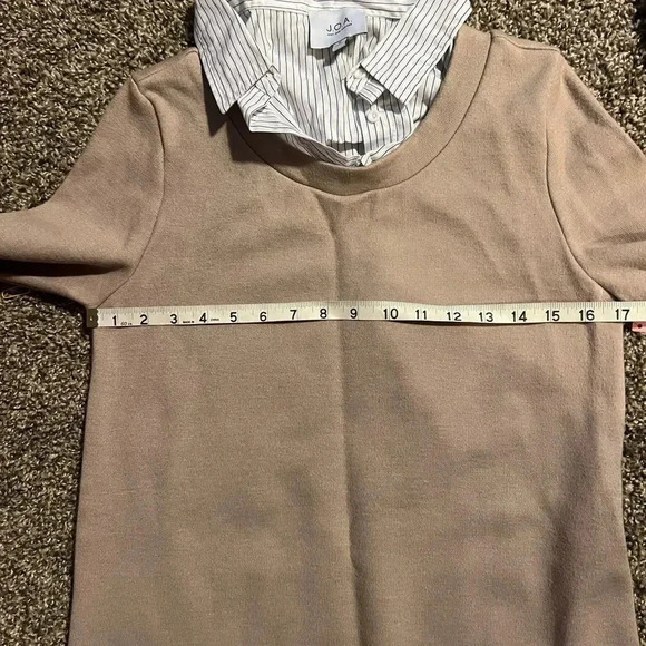 JOA Dress Tan Layered Sweater Long Sleeve Shirt Shift Oxford Collar Size Medium - Picture 4 of 6